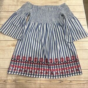 Braeve Striped Off Shoulder Smocked Bell Sleeve Embroidered Dress Women's Large